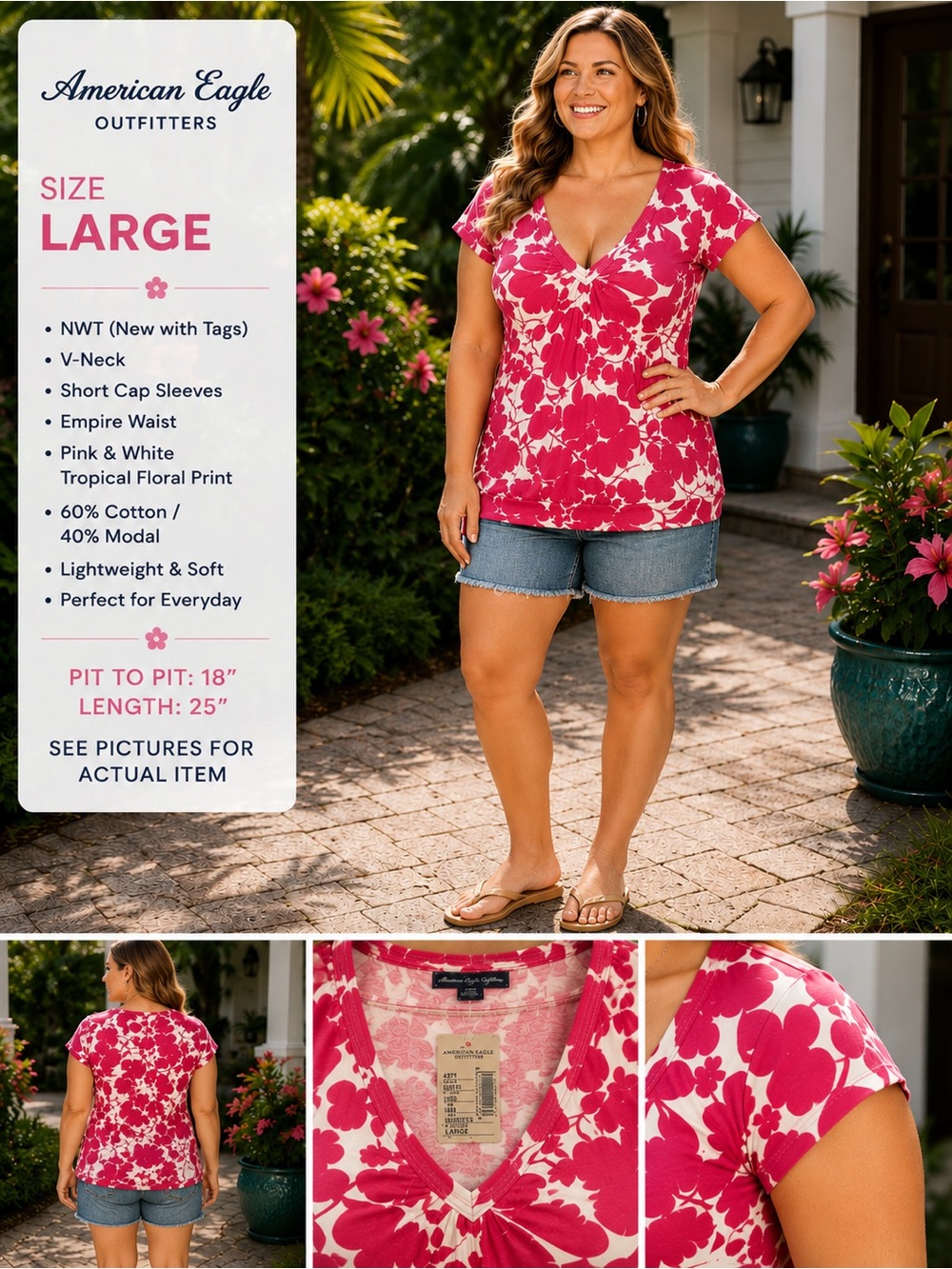 NWT American Eagle Outfitters Pink & White Tropical Floral V-Neck Top Large